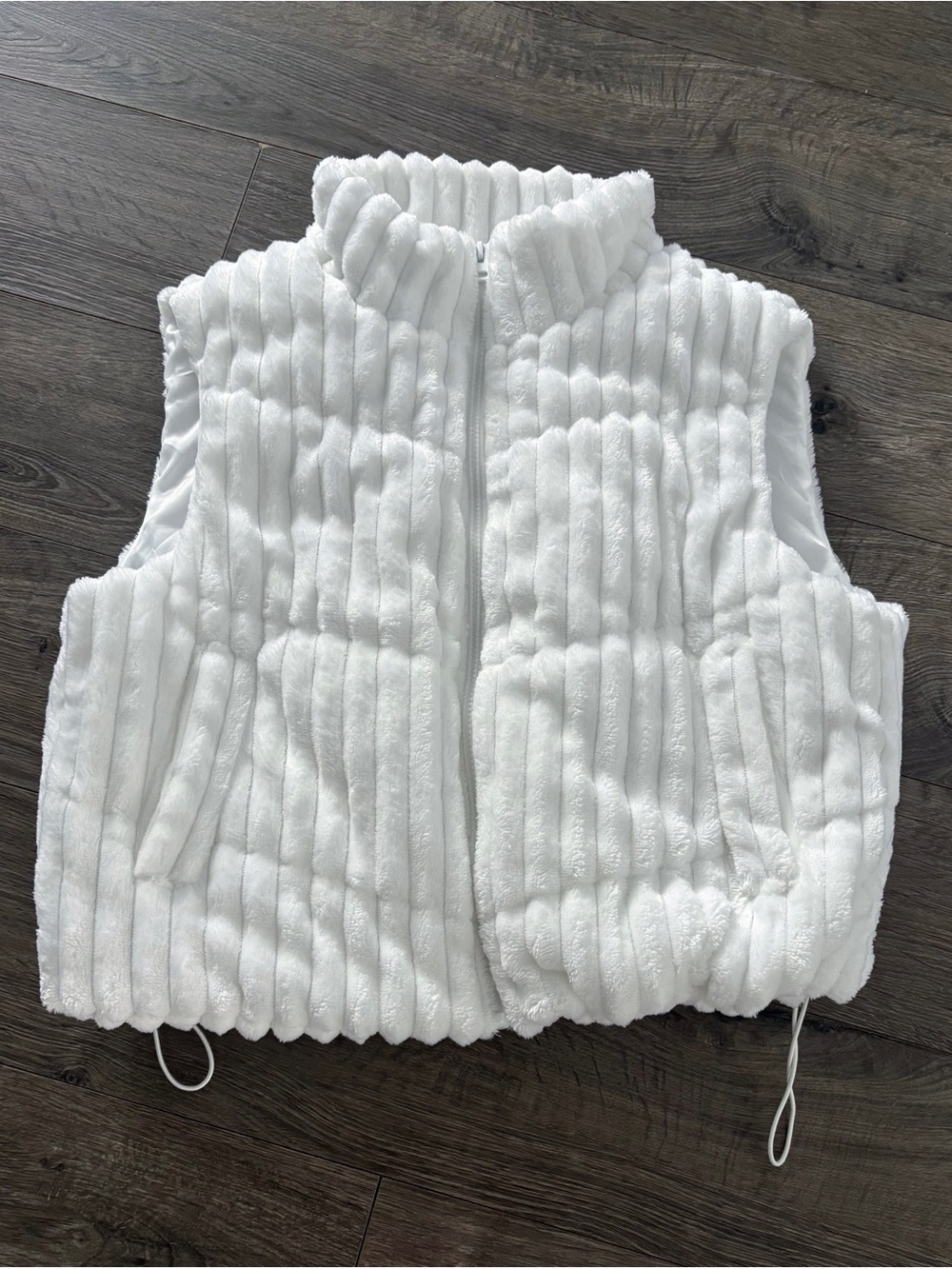 White Plush Vest with Drawstring Waist Full Zip